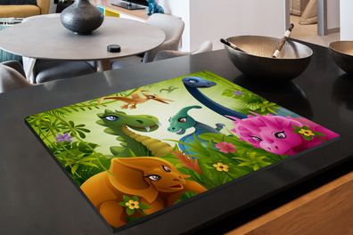 Herdabdeckplatte - 78x52 cm - Dinosaurier - Tiere - Dschungel - Illustration