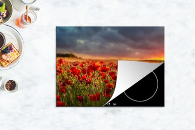 Herdabdeckplatte - 70x52 cm - Sonnenuntergang über einem Feld von Mohnblumen