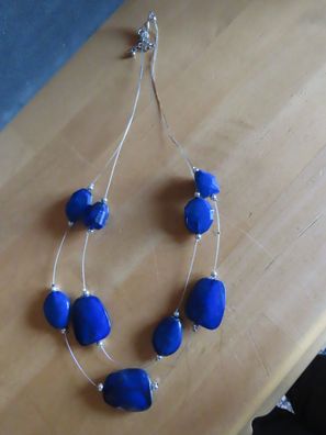 Modeschmuck Halskette Collier silberfarben mit 9 blauen Steinen 2 Reihig