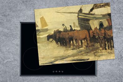 Herdabdeckplatte - 70x52 cm - Die Peitsche eines Fischers ins Meer bringen - Gemälde