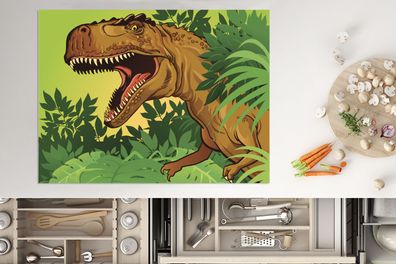 Herdabdeckplatte - 70x52 cm - Dinosaurier - Pflanzen - Braun - Illustration