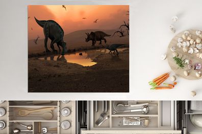 Herdabdeckplatte - 75x52 cm - Dinosaurier - Wilde Tiere - Zeichnung