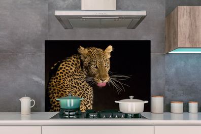 Spritzschutz Küche - 120x80 cm - Leopard - Zunge - Nacht (Gr. 120x80 cm)