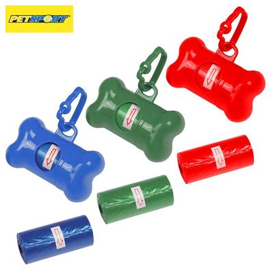 PetSport Kotbeutelspender mit Kottüten - blau/ grün/ rot - Hunde Kotbeutel Spender