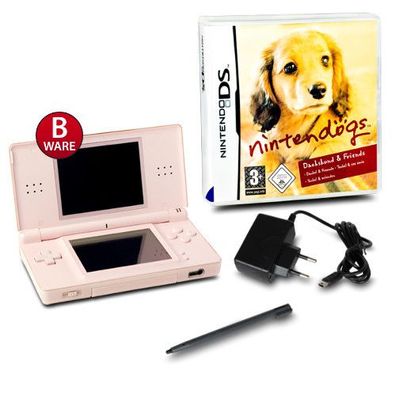 DS Lite Handheld Konsole rosa #74B + Kabel + Spiel Nintendogs Dachshund & Friends
