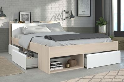 Bett Doppelbett 160x200 mit Stauraum und 3x Bettschubkasten weiß Eiche Parisot Most