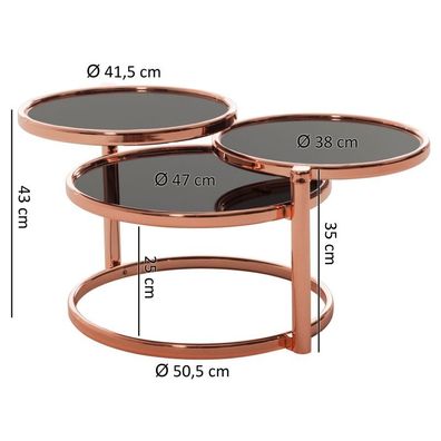 Wohnling Couchtisch mit 3 Tischplatten Schwarz / Kupfer 58 x 43 x 58 cm | Beistelltis
