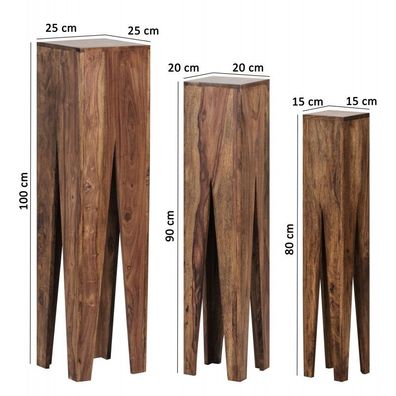 Wohnling Beistelltisch 3er Set Massivholz Sheesham Wohnzimmer-Tisch Design Säulen Lan
