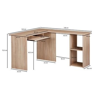 Wohnling Design Schreibtischkombination 140 x 75,5 x 120 cm Sonoma | Schreibtisch mit