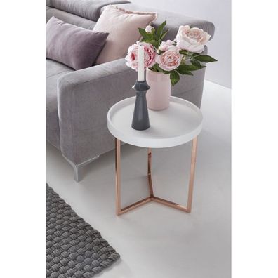 Wohnling Design Beistelltisch Weiß / Kupfer ø 40 cm Tabletttisch Holz Metall | Wohnzi