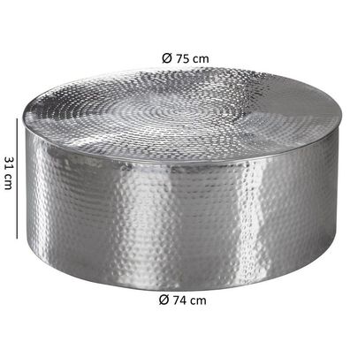 Wohnling Couchtisch 75x31x75 cm Aluminium Beistelltisch Silber Orientalisch Rund | Fl