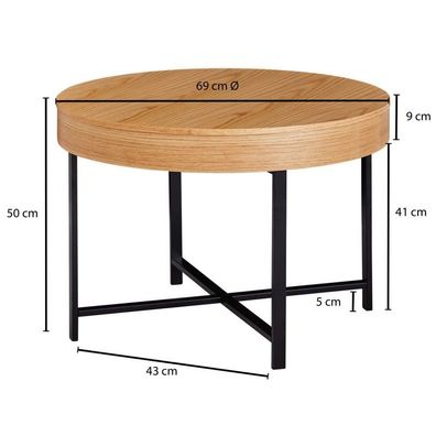 Wohnling Design Couchtisch Rund Ø 69 cm mit Eichen Optik Tisch mit Stauraum | Lounge-