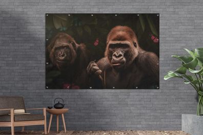 Gartenposter - 180x120 cm - Gorilla - Dschungel - Pflanzen - Schmetterling