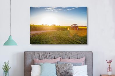 Leinwandbilder - 150x100 cm - Traktor - Gras - Sonnenuntergang (Gr. 150x100 cm)