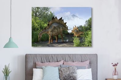 Leinwandbilder - 150x100 cm - Dinosaurier - Berg - Wald - Illustration