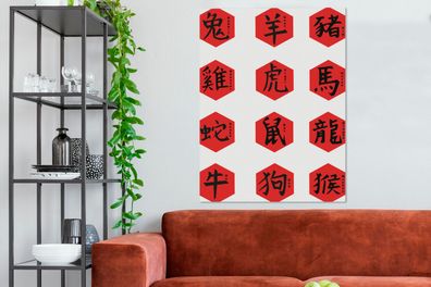Leinwandbilder - 90x120 cm - Chinesische Zeichen in roten Sechsecken für Tiere