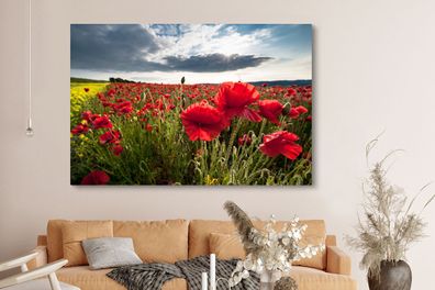 Leinwandbilder - 150x100 cm - Mohnblumen gegen einen dramatischen stürmischen Himmel