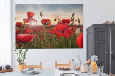 Leinwandbilder - 150x100 cm - Sonnenuntergang hinter den schönen Mohnblumen
