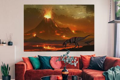 Leinwandbilder - 150x100 cm - Dino - Vulkan - Lava - Illustration (Gr. 150x100 cm)