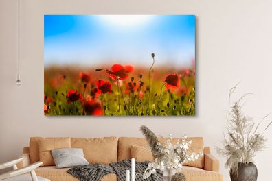 Leinwandbilder - 150x100 cm - Mohnblumen unter einem klaren blauen Himmel.