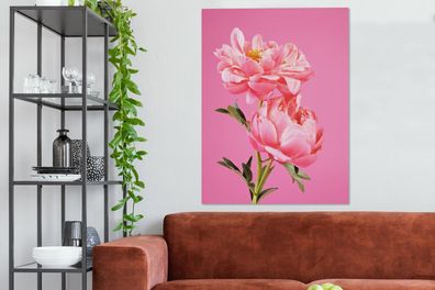 Leinwandbilder - 90x120 cm - Rosa Pfingstrosen mit einem rosa Hintergrund