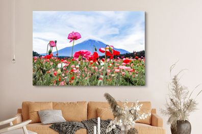 Leinwandbilder - 150x100 cm - Rosa Mohnblumen für einen Berg (Gr. 150x100 cm)