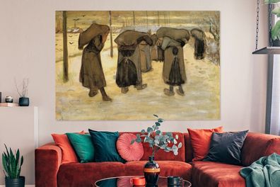Leinwandbilder - 150x100 cm - Bergmannsfrauen tragen Säcke mit Kohle im Schnee - Vinc