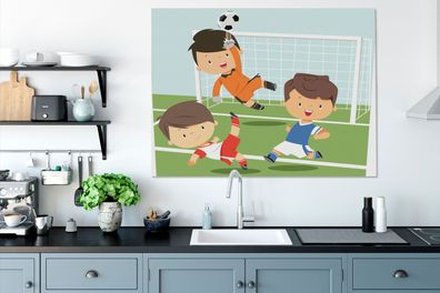Leinwandbilder - 120x90 cm - Eine Illustration von drei Kindern, die Fußball spielen