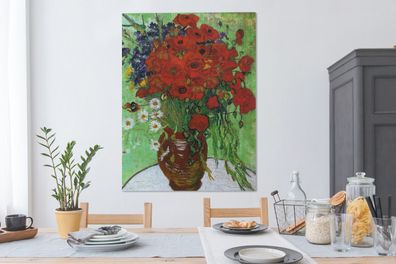 Leinwandbilder - 90x120 cm - Vase mit roten Mohnblumen und Gänseblümchen - Vincent va