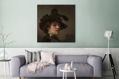 Leinwandbilder - 90x90 cm - Tronie eines Mannes mit gefiedertem Barett - Gemälde von