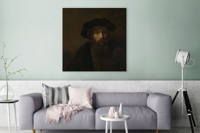 Leinwandbilder - 90x90 cm - Ein Mann mit Bart und Baskenmütze - Gemälde von Rembrandt