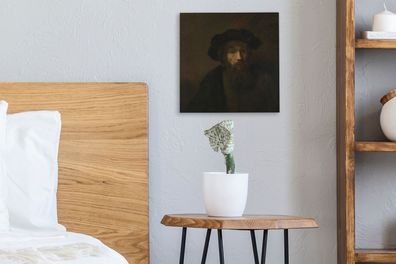 Leinwandbilder - 20x20 cm - Ein Mann mit Bart und Baskenmütze - Gemälde von Rembrandt