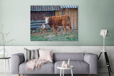 Leinwandbilder - 120x90 cm - Kuh - Stall - Gras - Kalb (Gr. 120x90 cm)