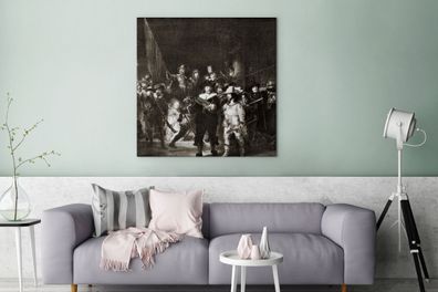 Leinwandbilder - 90x90 cm - Die Nachtwache in Schwarz und Weiß - Gemälde von Rembrand