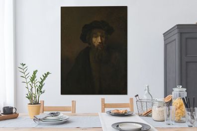 Leinwandbilder - 90x120 cm - Ein Mann mit Bart und Baskenmütze - Rembrandt van Rijn