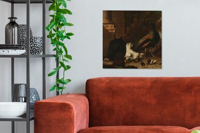Leinwandbilder - 50x50 cm - Eine Henne mit Pfauen und einem Truthahn - Melchior d'Hon