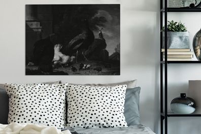 Leinwandbilder - 80x60 cm - Eine Henne mit Pfauen und einem Truthahn - Melchior d'Hon