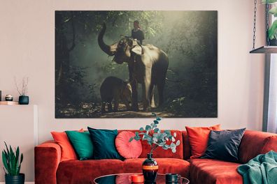 Leinwandbilder - 150x100 cm - Elefantentrainer mit einem Elefanten und ihrem Baby im