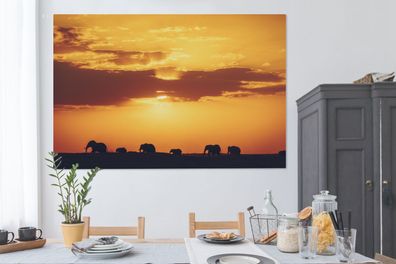 Leinwandbilder - 150x100 cm - Elefantenherde bei Sonnenuntergang (Gr. 150x100 cm)