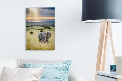 Leinwandbilder - 20x30 cm - Sonnenstrahlen über einem Elefanten in der Savanne
