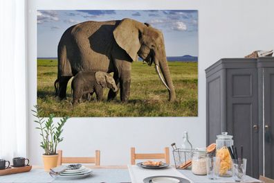 Leinwandbilder - 150x100 cm - Mutter und Baby-Elefant durch die Savanne