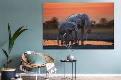 Leinwandbilder - 150x100 cm - Zwei Elefanten bei Sonnenuntergang (Gr. 150x100 cm)