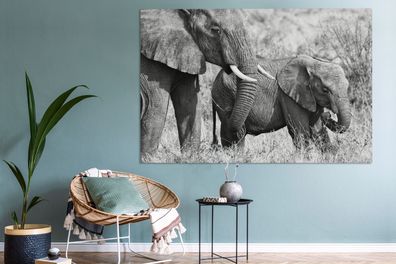 Leinwandbilder - 150x100 cm - Baby-Elefant und ihre Mutter in Kenia in schwarz und we