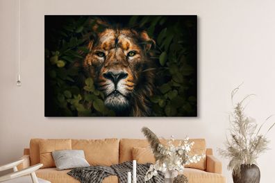 Leinwandbilder - 150x100 cm - Dschungel - Löwe - Tiere - Blätter (Gr. 150x100 cm)