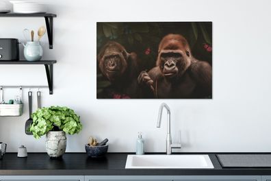 Leinwandbilder - 90x60 cm - Gorilla - Dschungel - Pflanzen - Schmetterling