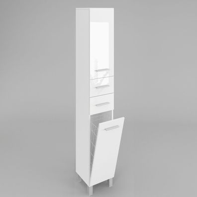Badezimmerschrank Hochschrank mit Wäschekorb SW15 188x50 cm Weiß Hochglanz