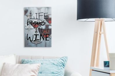 Leinwandbilder - 20x30 cm - Weinzitat 'Das Leben beginnt nach dem Wein' mit Weingläse