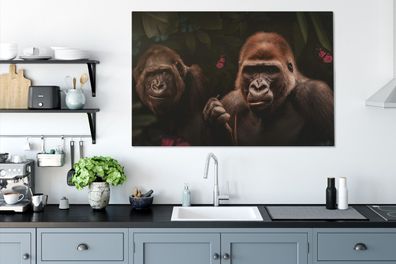 Leinwandbilder - 140x90 cm - Gorilla - Dschungel - Pflanzen - Schmetterling
