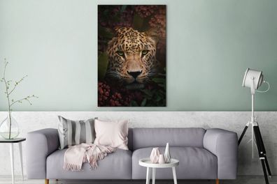 Leinwandbilder - 90x140 cm - Panther - Dschungel - Pflanzen - Blumen (Gr. 90x140 cm)