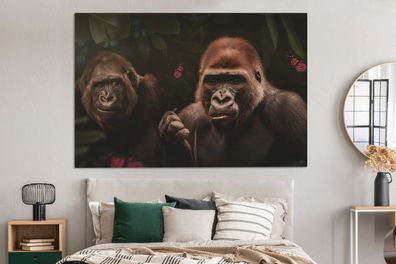 Leinwandbilder - 150x100 cm - Gorilla - Dschungel - Pflanzen - Schmetterling